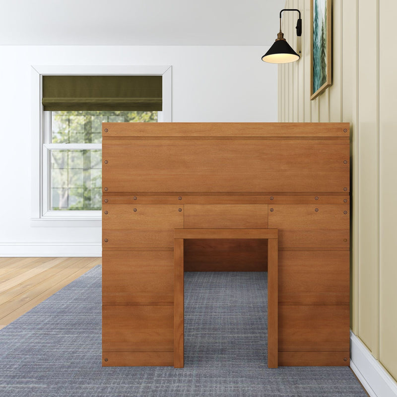 Elegant wooden bookcase in modern living room with window and sconce lighting.