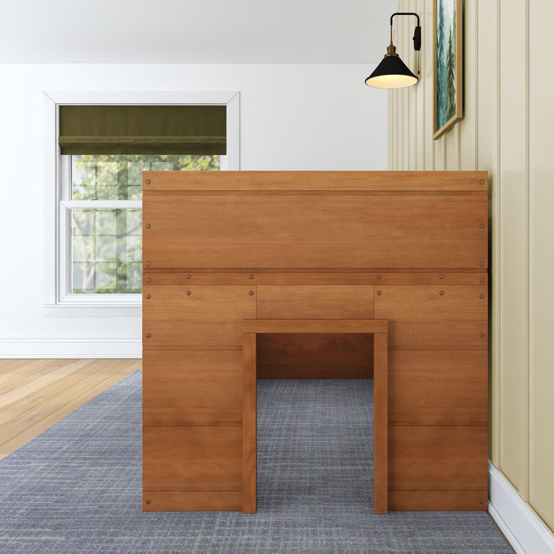 Minimalist modern bedroom interior with tall wooden headboard, window with olive Roman shade, black wall sconce and framed art on cream vertical paneling, hardwood floor and gray area rug