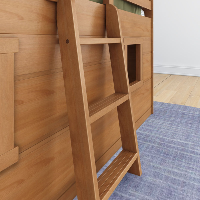 Wooden loft bed ladder on a purple rug with a light wood floor in a cozy bedroom setting.