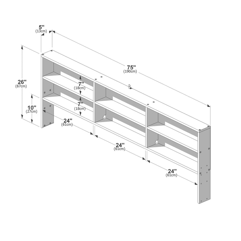 Dimension diagram of a 75-inch (190cm) wall-mounted headboard shelf with three 24-inch (61cm) storage compartments, 26-inch (67cm) height, 5-inch (13cm) depth, 7-inch (18cm) adjustable shelf clearances and 10-inch (27cm) lower shelf