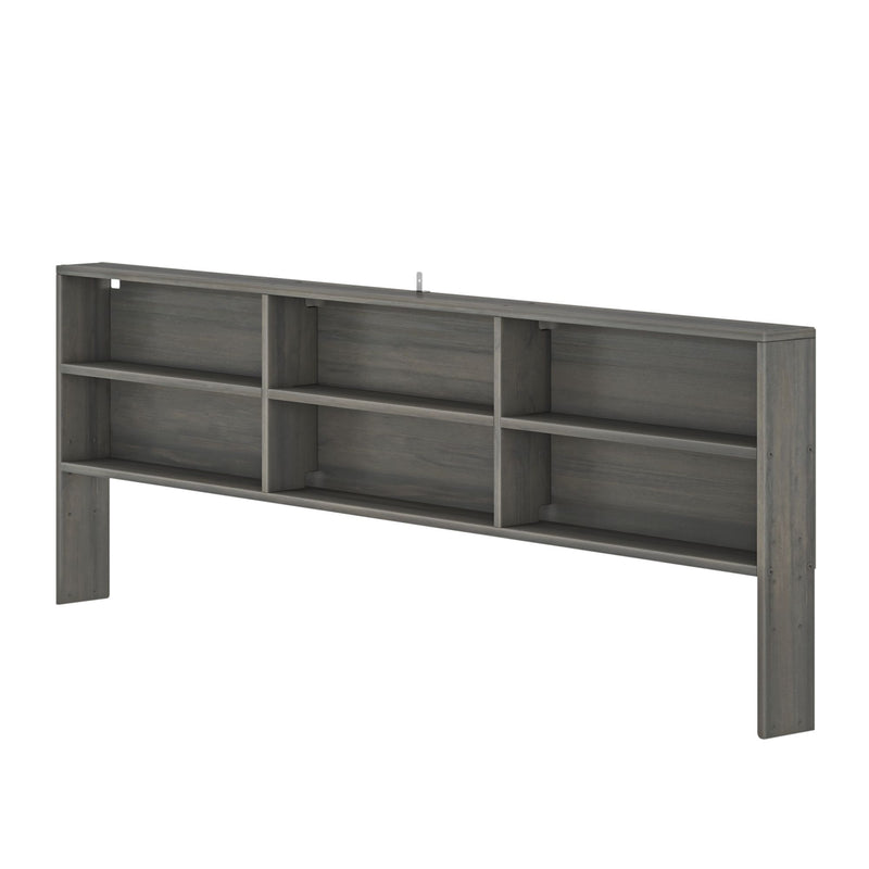 Gray wood headboard with six built-in open storage shelves — modern rustic bedroom storage and bookshelf headboard