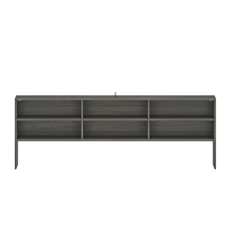 Gray wood bookcase headboard with six cubby built-in storage shelves, modern bedroom furniture