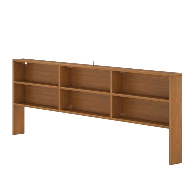 Brown wooden headboard with built-in shelves and open cubbies for bedside storage, wall-mounted bookshelf headboard for bedroom