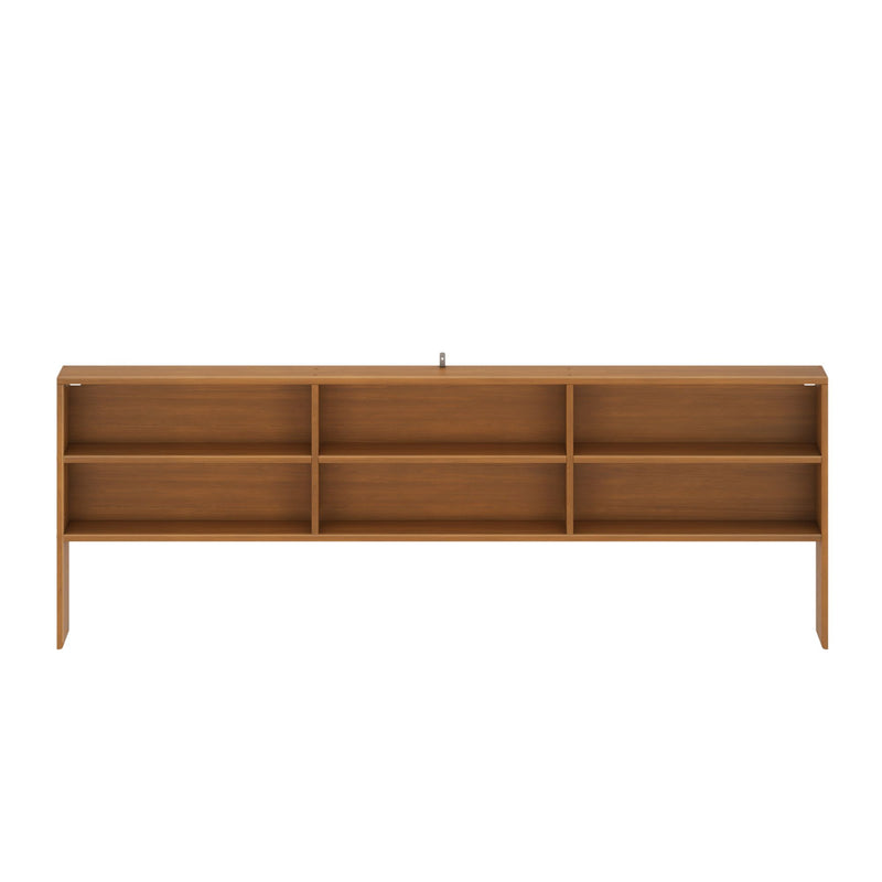 Wide mid-century modern walnut wall-mounted shelving unit with six open cubby compartments and slim legs
