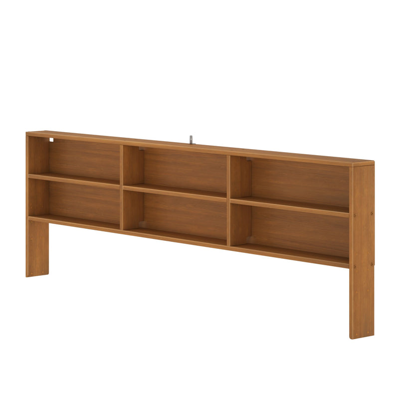 Warm oak wooden headboard with six built-in open shelves for bedroom storage and display