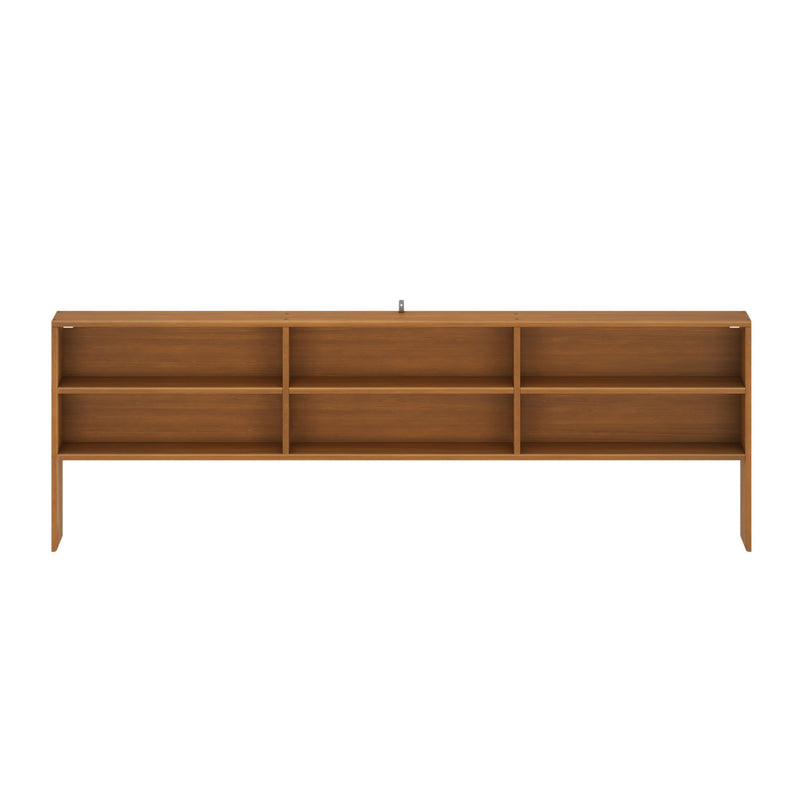 Mid-century modern walnut wood headboard with six open storage compartments, slim-leg bookshelf headboard for bedroom storage