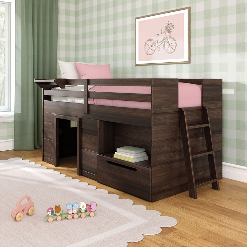 Kids loft bed with storage in dark walnut finish, ladder and drawers, pink bedding in a space-saving girl's bedroom with green plaid wallpaper and wooden toys