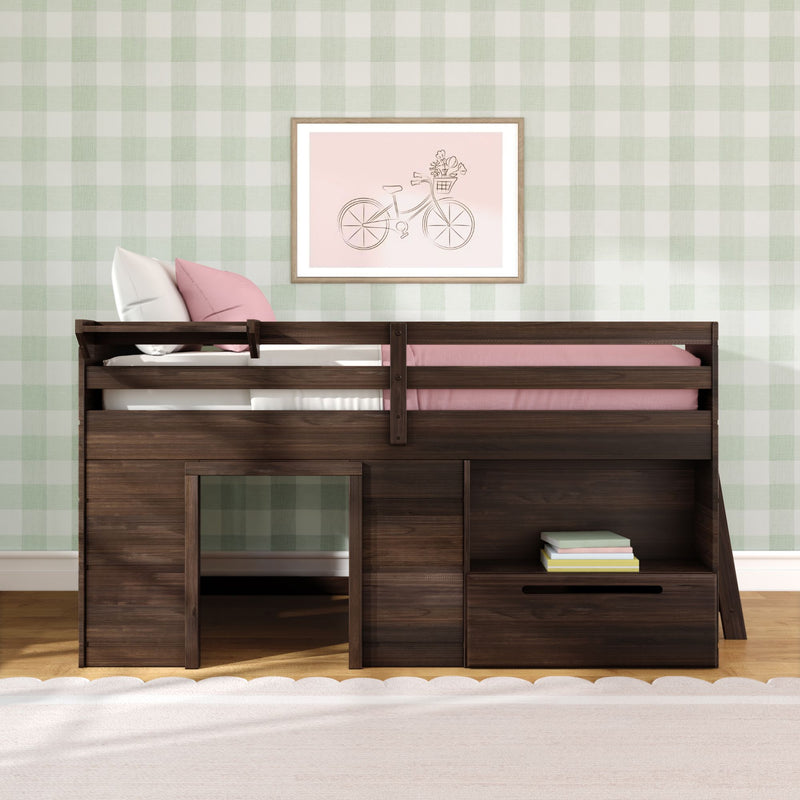 Dark walnut children's loft bed with built-in storage drawers and under-desk nook, pink bedding and pillows, green gingham wallpaper and framed bicycle wall art