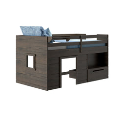 Dark walnut twin loft bed for kids with built-in storage drawers, playhouse-style under-bed nook, safety rails and blue bedding