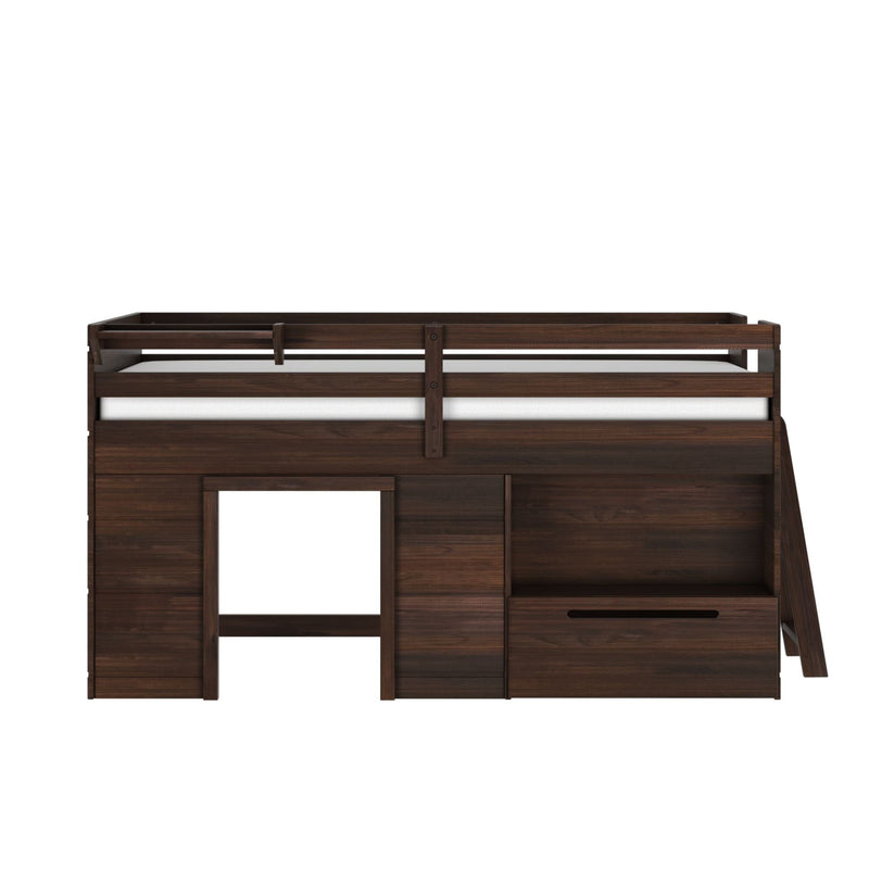 Dark walnut twin loft bed with safety guardrail, side ladder and built-in storage drawers and cubbies