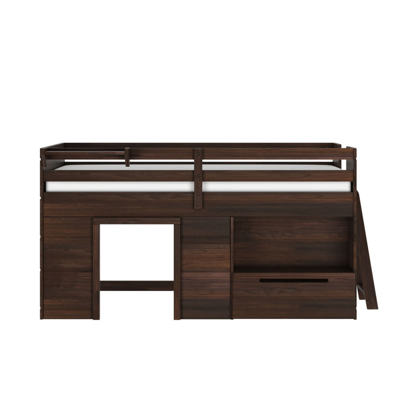 Dark walnut twin loft bed with guardrails, built-in desk, open shelving and large storage drawer — kids bedroom wooden loft bed