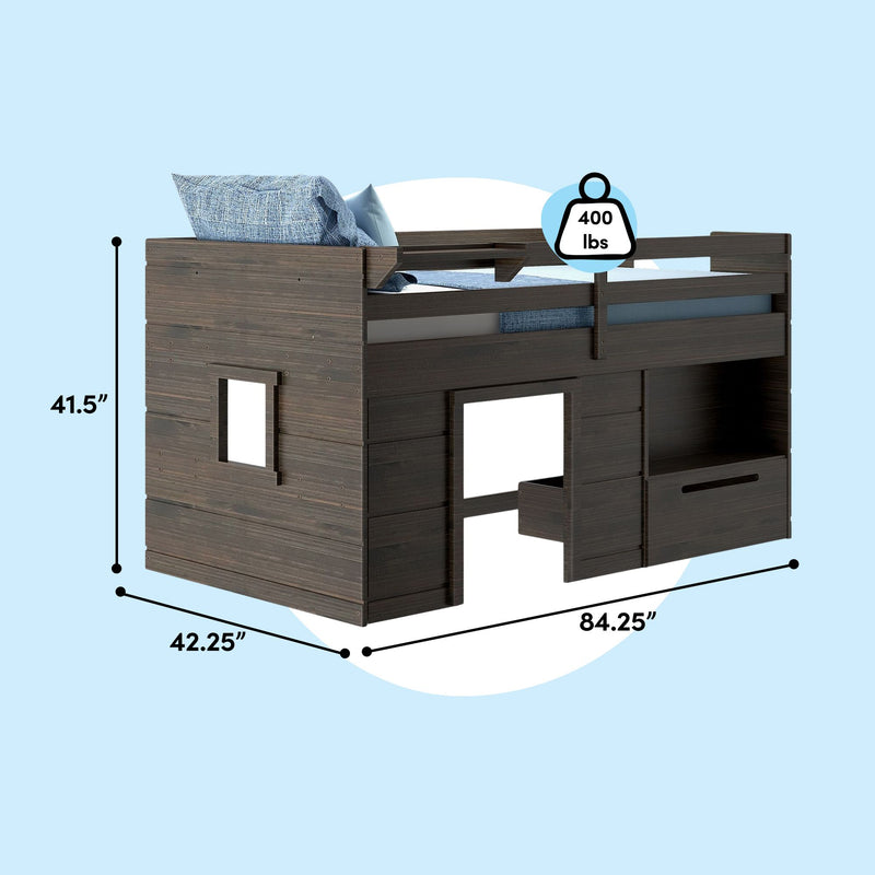 Dark brown wooden twin loft bed with built-in drawers and playhouse-style under-bed space, guardrails, 84.25 in L × 42.25 in W × 41.5 in H, 400 lb capacity