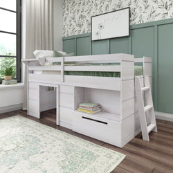 White twin loft bed with ladder and built-in storage drawers in modern children's bedroom with green accent wall and botanical wallpaper