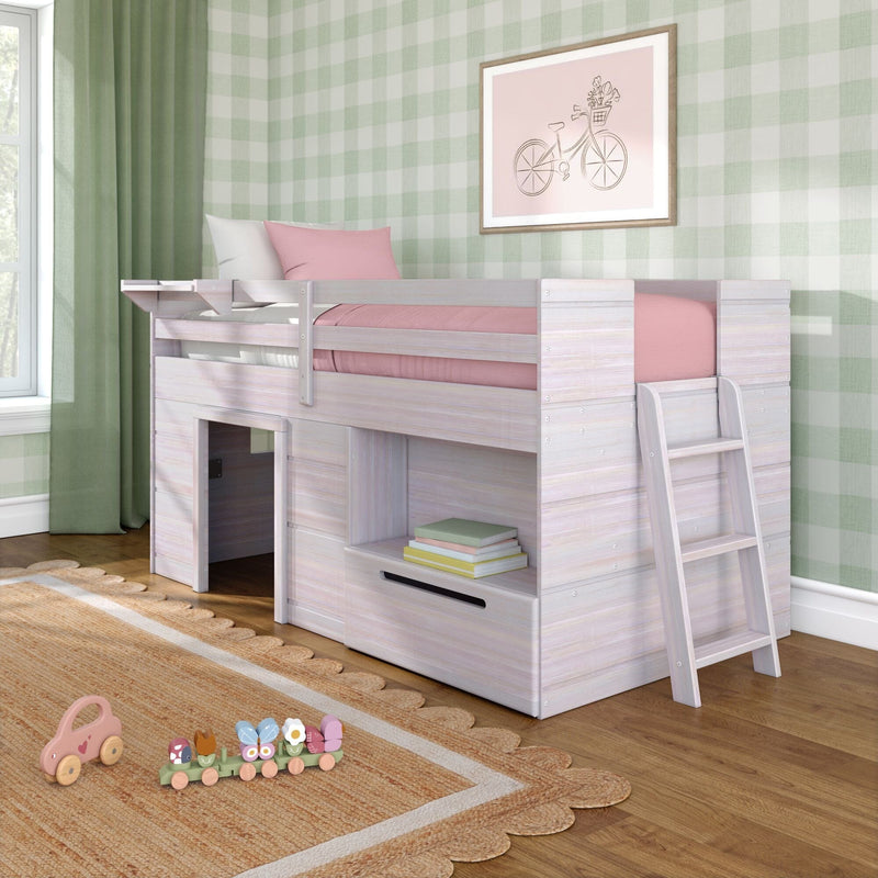 Whitewashed children's loft bed with pink bedding and ladder, built-in storage under bed, green gingham wallpaper and toys on a woven rug