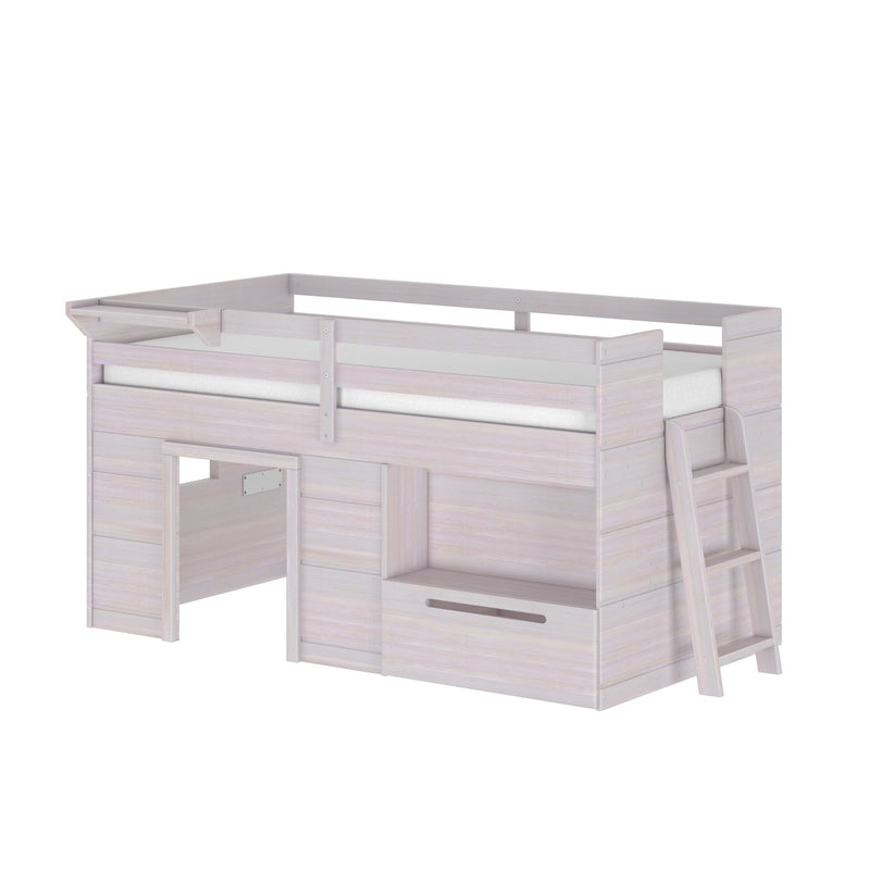 Space-saving whitewashed wooden kids loft bed with side ladder, twin mattress, built-in storage drawer and playhouse-style under-bed nook