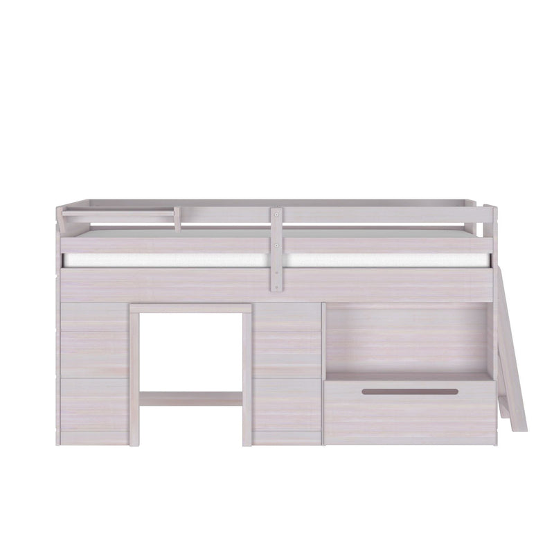 Whitewashed wooden twin loft bed with safety rails, side ladder, built-in storage drawer and playhouse-style open space underneath