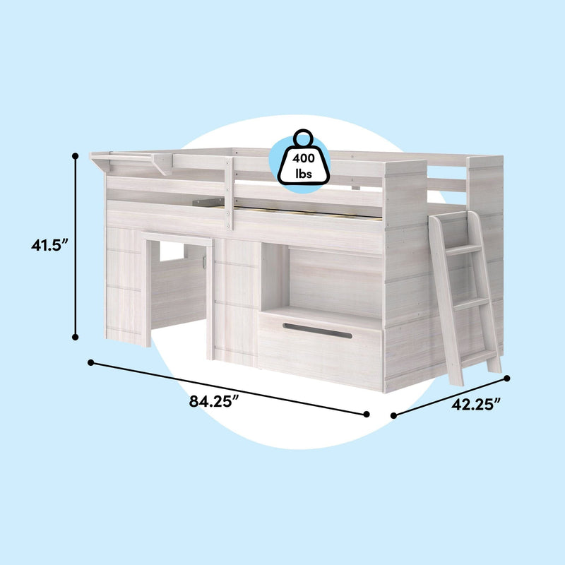 Whitewashed twin loft bed with built-in desk, storage drawers and ladder, space-saving kids' bedroom bed with 400 lb weight capacity; dimensions 84.25 in L x 42.25 in D x 41.5 in H