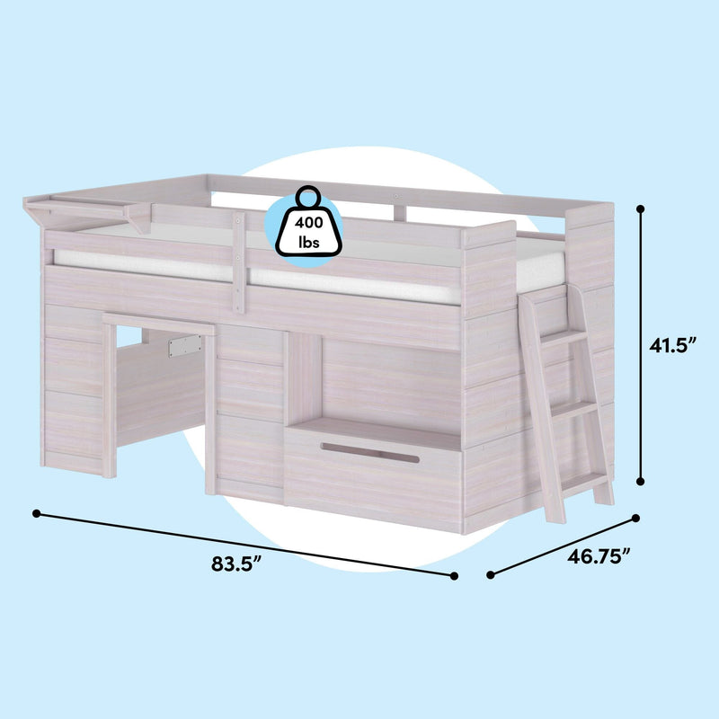 Twin kids loft bed in whitewashed wood with guardrail, ladder, built-in storage and playhouse space, 400 lb weight capacity, dimensions 83.5″ L x 46.75″ W x 41.5″ H