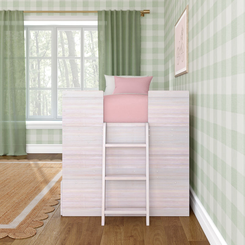 White wooden loft bed with ladder and pink bedding in kids bedroom with green gingham wallpaper, window and hardwood floor