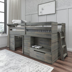 Gray rustic wooden twin loft bed with ladder, under-bed storage cubby and pull-out drawer, kids' loft bed in modern farmhouse bedroom