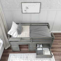 Gray wooden loft-style daybed with built-in storage drawer, gray and white bedding, pillows, and dandelion wall art in a modern children's bedroom.