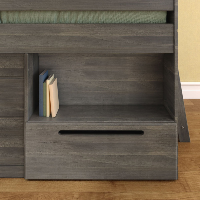 Modern gray wood bookshelf with stacked books on an open shelf and a lower drawer handle, rustic bedroom storage