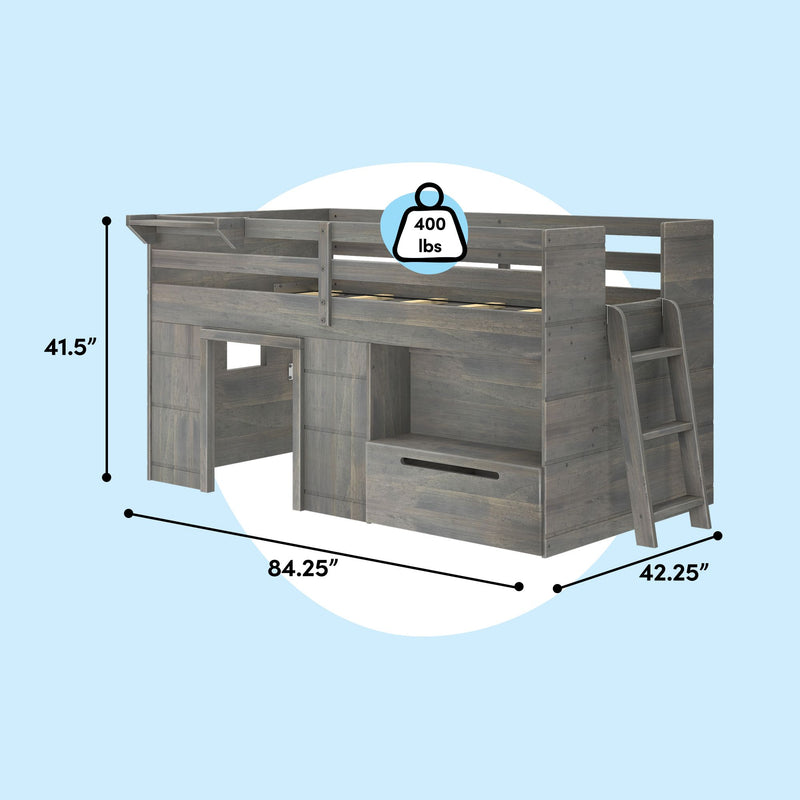 Gray wood twin loft bed with ladder, built-in storage and play nook, 84.25 in L × 42.25 in W × 41.5 in H, 400 lb weight capacity