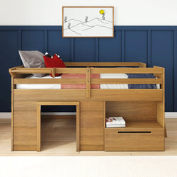 Modern oak loft bed with safety rails, built-in desk and storage drawers against a navy blue paneled wall, styled with pillows and framed art — space-saving kids' bedroom furniture