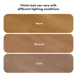 Three wood finish swatches labeled Warm, Neutral and Cool showing how wood stain color and tone vary under different lighting conditions for flooring and furniture