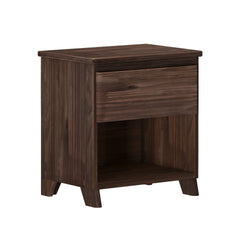 Dark wood finish bedside table with drawer and open shelf storage.