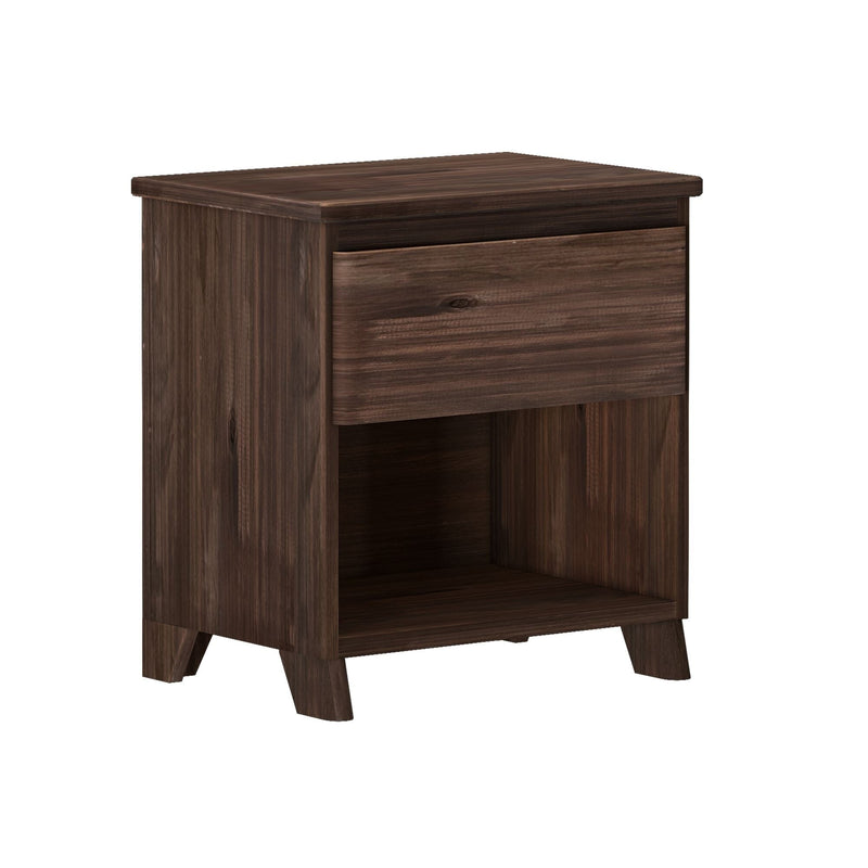 Dark wood finish bedside table with drawer and open shelf storage.