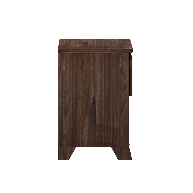 Dark brown wooden nightstand side view with rustic wood grain finish, bedside storage cabinet on white background