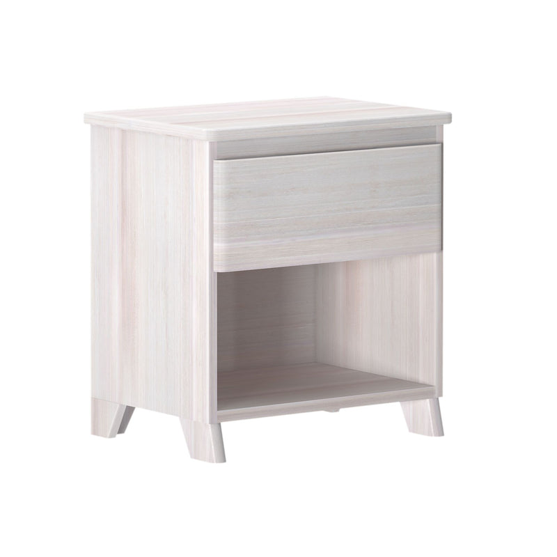 Whitewashed light wood nightstand bedside table with single drawer, open shelf and mid-century modern legs