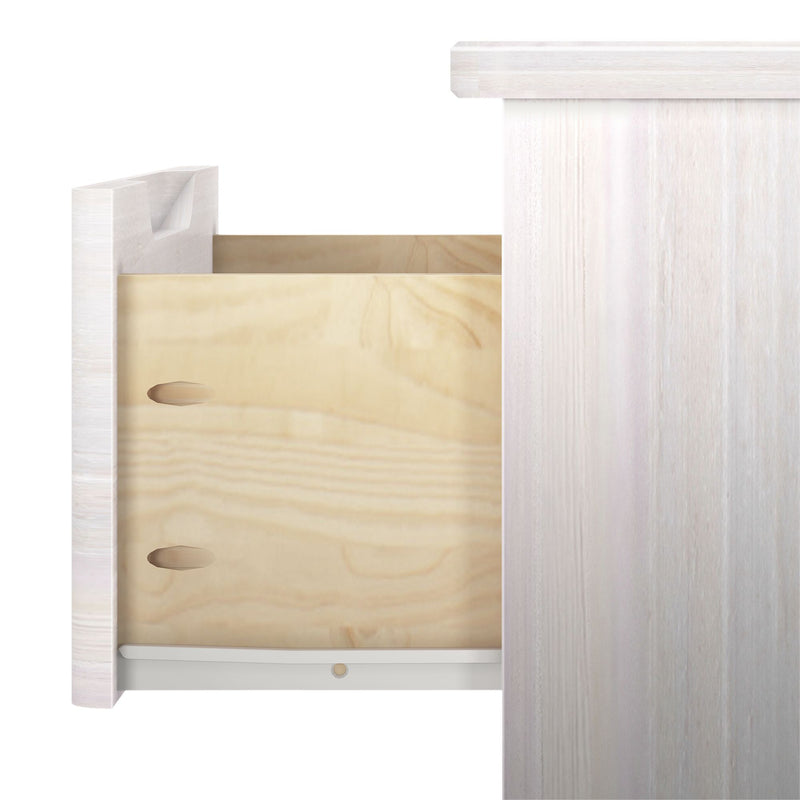 Close-up of whitewashed wood cabinet and plywood drawer box showing pocket-hole joinery and light oak grain finish