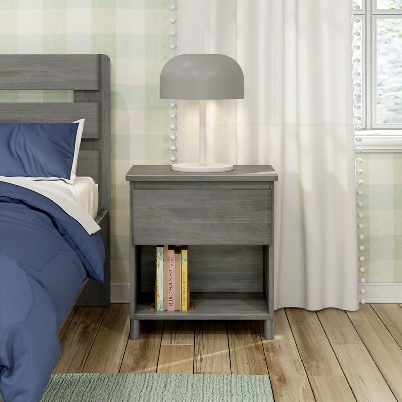Bedroom gray wood nightstand with modern table lamp, navy blue bedding, white curtains, plaid wallpaper and hardwood floor