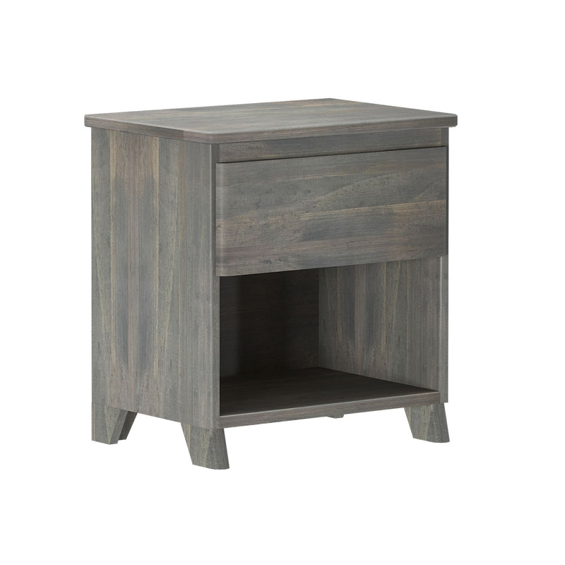 Gray wood nightstand bedside table with single drawer, open shelf and tapered legs in a gray-washed finish for modern rustic bedroom storage