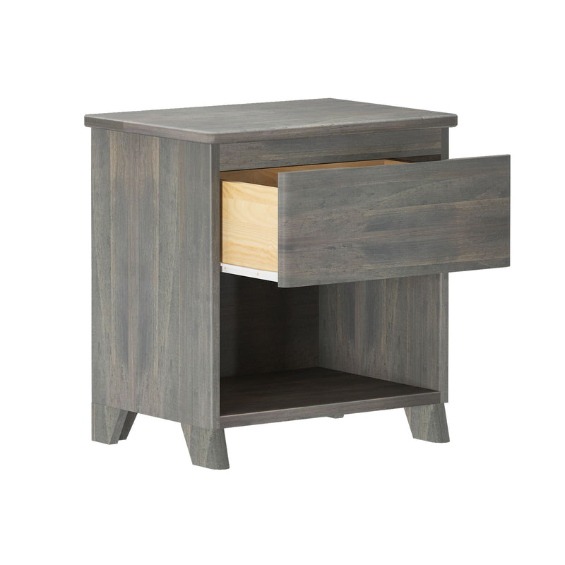 Grey wood nightstand with open drawer and lower shelf, mid-century modern bedside table for bedroom storage