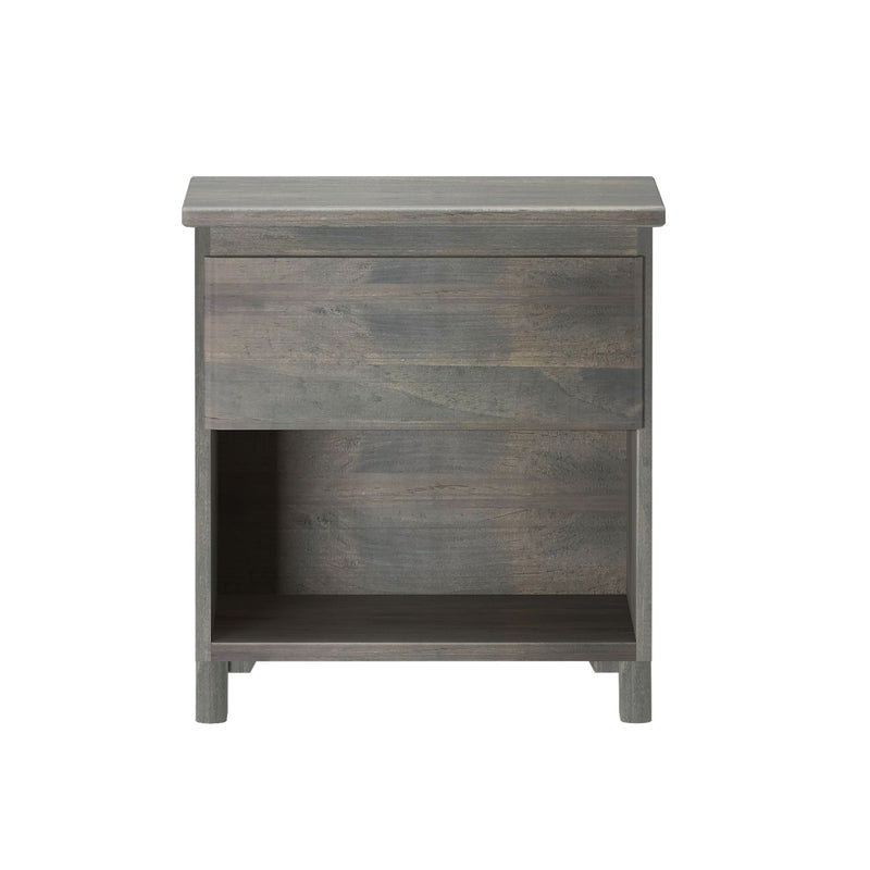 Gray weathered wood nightstand with single drawer and open shelf, modern farmhouse bedside table