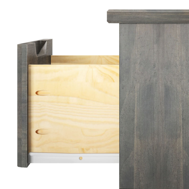 Close-up plywood drawer box with pocket-hole joinery and white metal drawer slide fitted into gray-stained cabinet frame