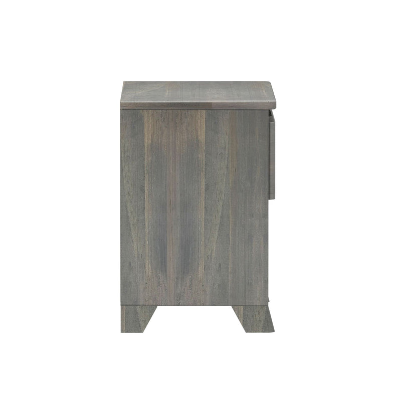 Rustic gray wood bedside nightstand with single drawer, tapered legs and weathered finish for bedroom storage