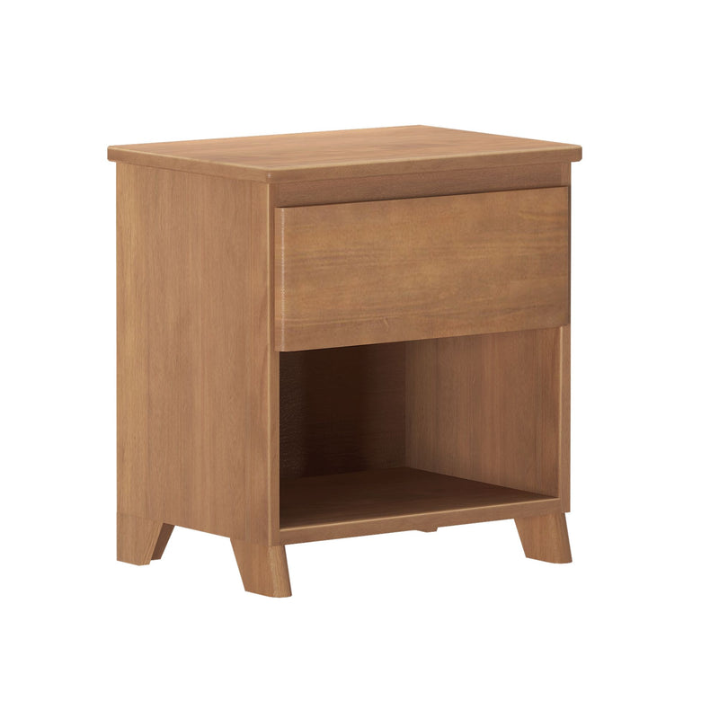 Oak wooden nightstand bedside table with single drawer and open shelf, mid-century modern tapered legs