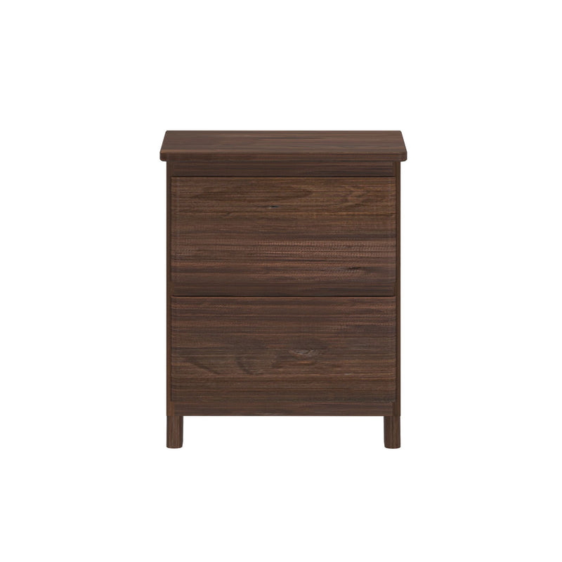 Dark walnut three-drawer nightstand bedside table on legs with horizontal wood grain, modern mid-century bedroom storage furniture