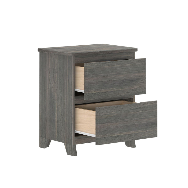 Modern grey two-drawer bedside nightstand with rustic wood grain finish, angled legs, and compact bedroom storage