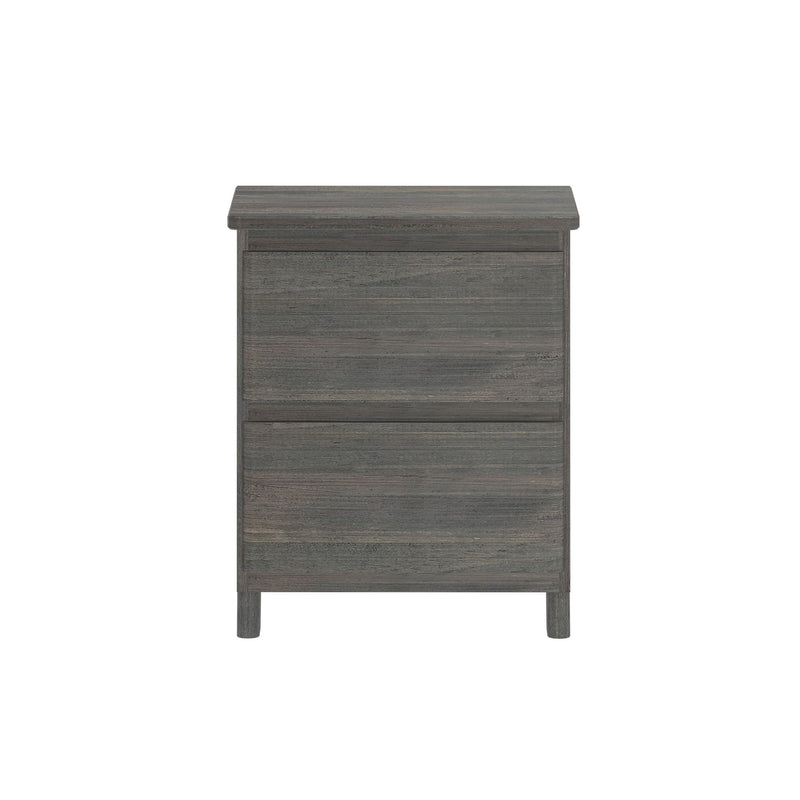 Gray wood two-drawer nightstand bedside table with short legs, modern rustic bedroom storage cabinet isolated on white background