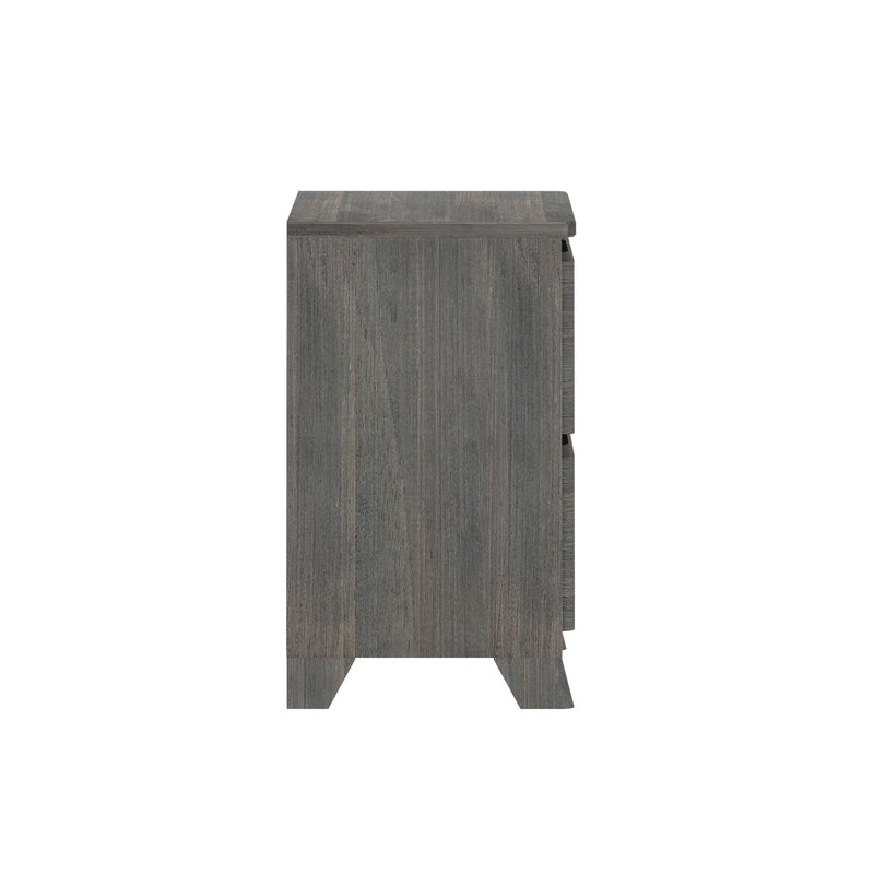 Side view of gray wood three-drawer dresser with tapered legs — modern bedroom storage furniture on white background