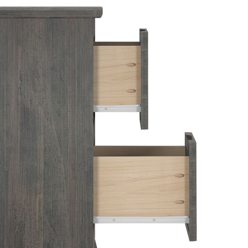 Side view of rustic gray wood dresser with two open drawers revealing light wood interiors and metal drawer slides, modern farmhouse bedroom storage chest