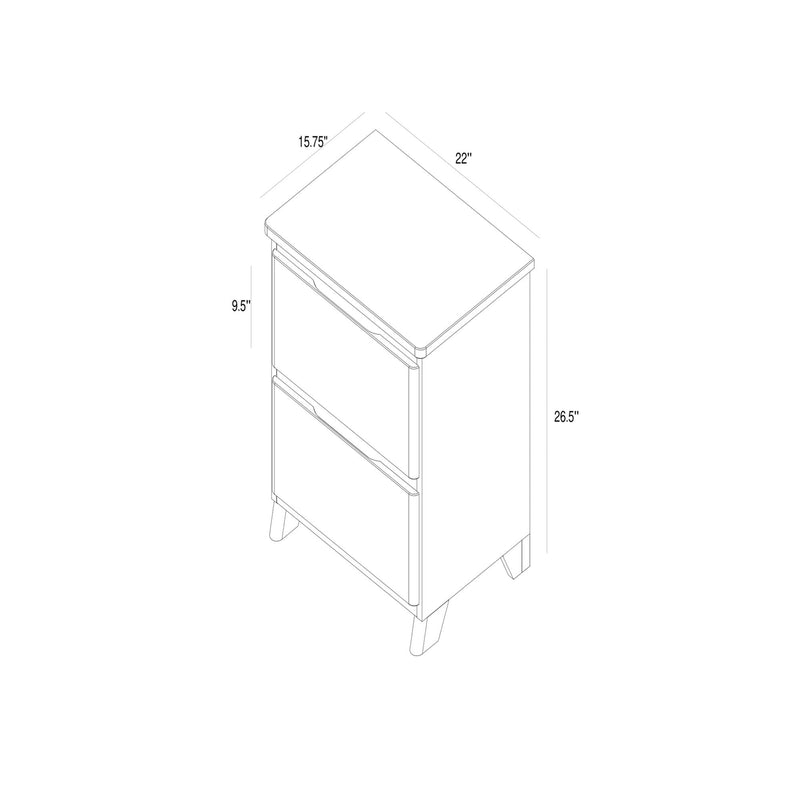 Isometric line drawing of a mid-century modern two-drawer bedside nightstand with tapered legs, labeled dimensions 15.75 in W × 22 in D × 26.5 in H and 9.5 in drawer height, small bedroom storage cabinet