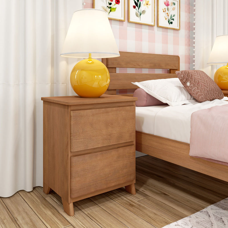 Cozy modern bedroom with wooden nightstand, glossy yellow bedside lamp, pink bedding and floral wall art on pastel gingham wallpaper