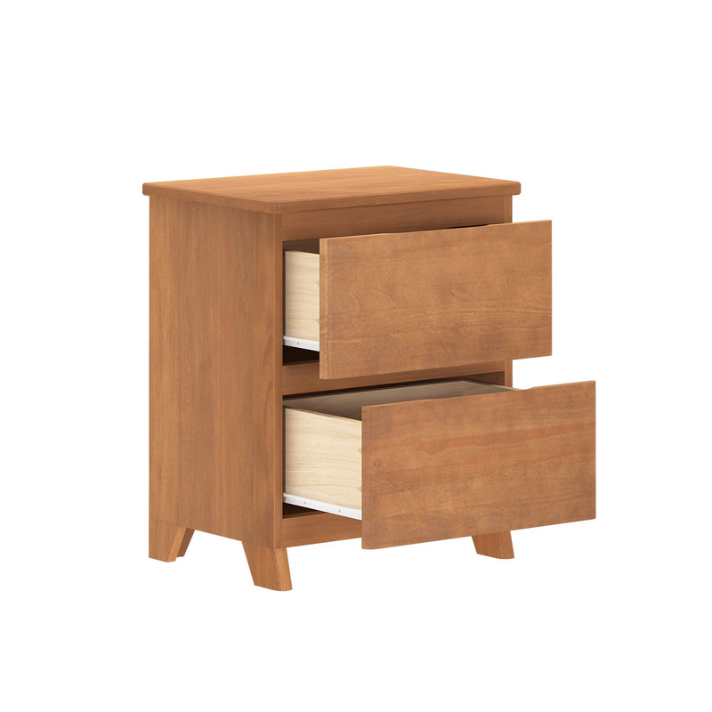 Mid-century modern oak nightstand with open drawers and tapered legs, bedroom storage