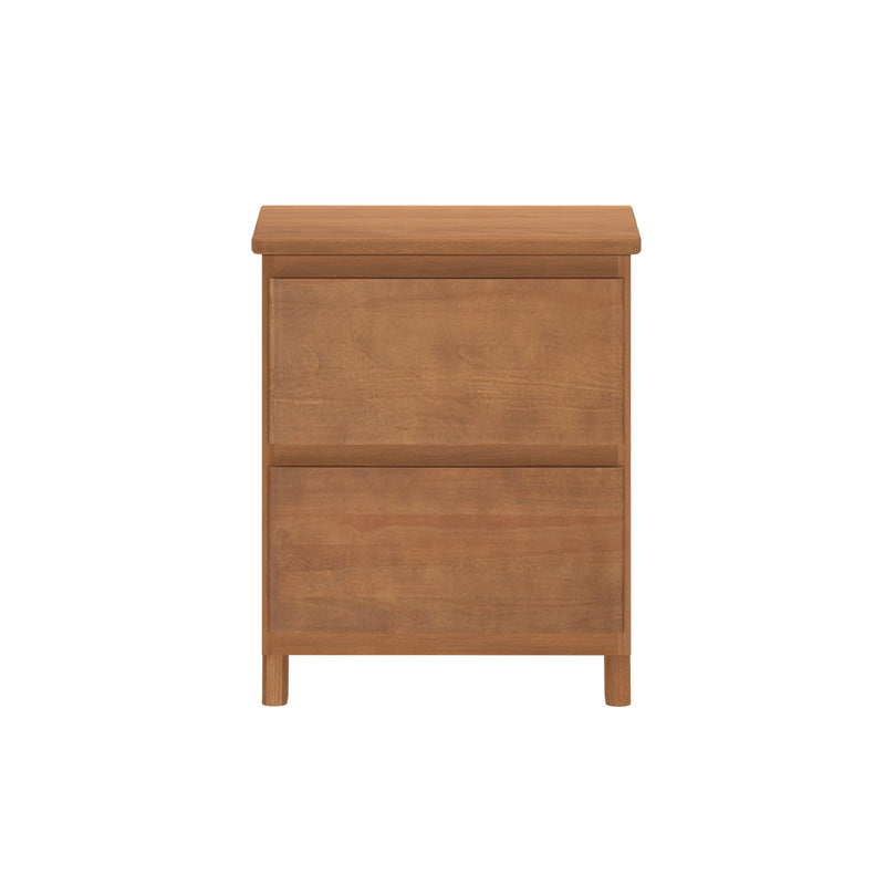 Mid-century modern solid wood three-drawer nightstand in natural oak finish, bedside table for bedroom storage